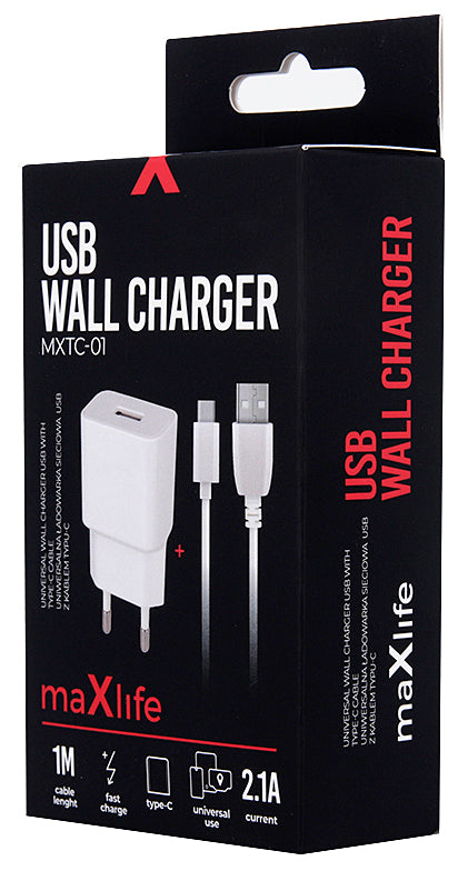 Mrežni punjač s USB-C kabelom MaXlife MXTC-01, 10.5W, 2.1A, 1 x USB-A, Bijela