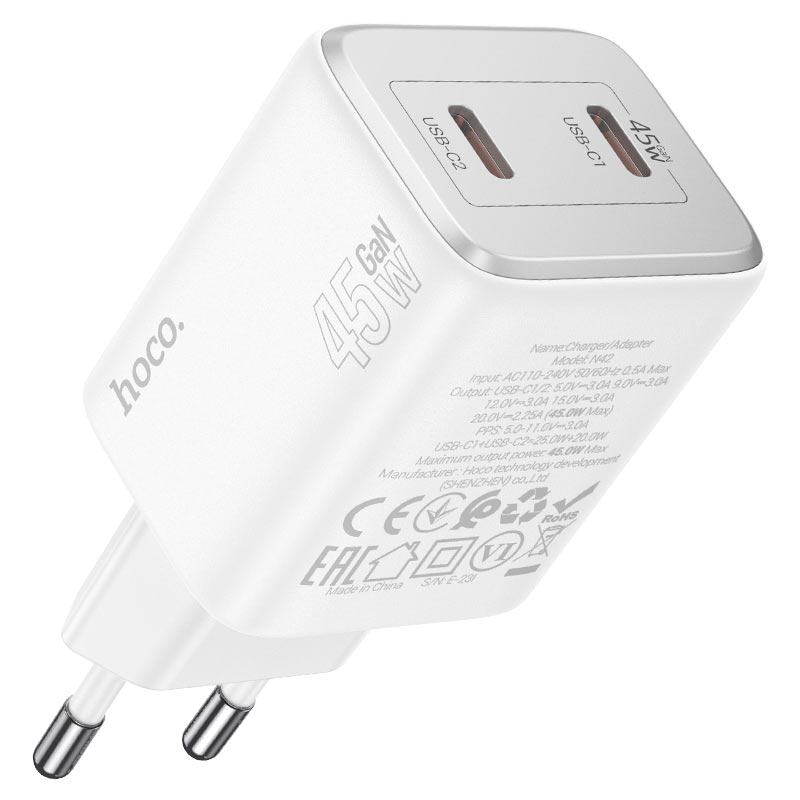 Mrežni punjač s Lightning kabelom HOCO N42, 45W, 3A, 2 x USB-C, Bijeli