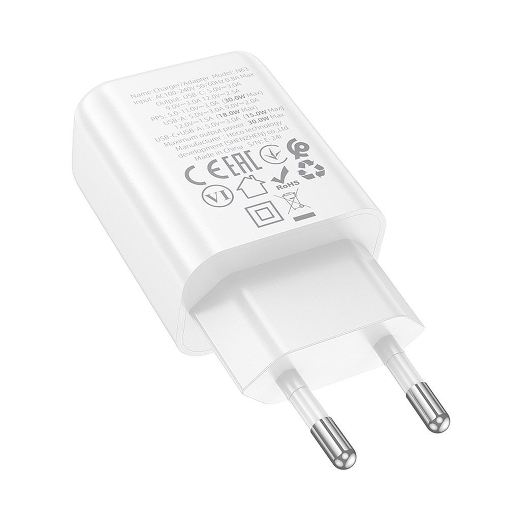 Punjač za mrežu HOCO N63, 30W, 3A, 1 x USB-A - 1 x USB-C, Bijeli