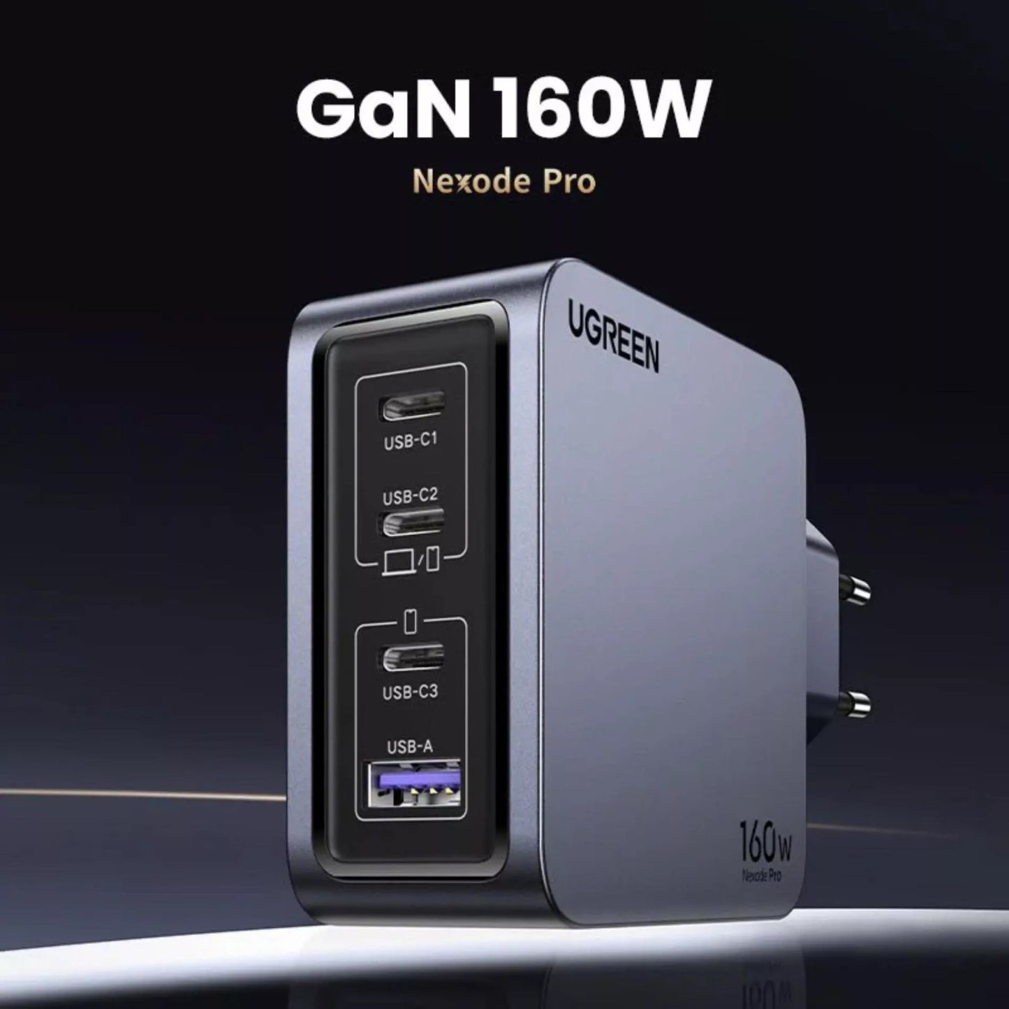 Punjač za mrežu s USB-C kabelom UGREEN X763 Nexode Pro, 160W, 3.25A, 1 x USB-A - 3 x USB-C, Sivi