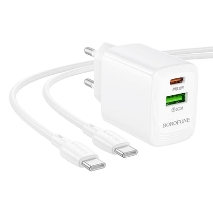 Punjač za mrežu s USB-C kabelom Borofone BN29 Fuente, 30W, 3A, 1 x USB-A - 1 x USB-C, Bijeli