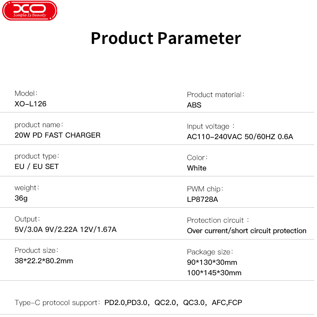 Punjač za mrežu s USB-C kabelom XO Design L126, 20W, 3A, 1 x USB-C, Bijeli