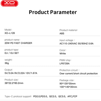 Punjač za mrežu s USB-C kabelom XO Design L126, 20W, 3A, 1 x USB-C, Bijeli