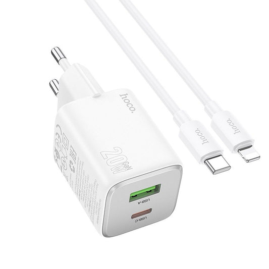Punjač za mrežu s Lightning kabelom HOCO N41, 20W, 3A, 1 x USB-A - 1 x USB-C, Bijeli