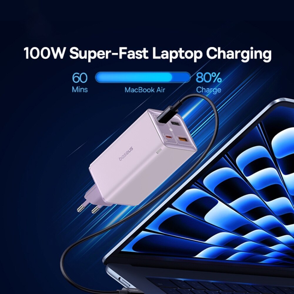 Punjač za mrežu s USB-C kabelom Baseus GaN6 Pro, 100W, 3.25A, 2 x USB-A - 2 x USB-C, Ljubičasti P10162705532-00