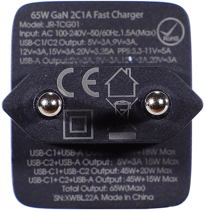Punjač za mrežu s USB-C kabelom Joyroom TCG01, 65W, 3.25A, 1 x USB-A - 2 x USB-C, Crni