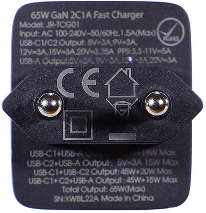 Punjač za mrežu s USB-C kabelom Joyroom TCG01, 65W, 3.25A, 1 x USB-A - 2 x USB-C, Crni