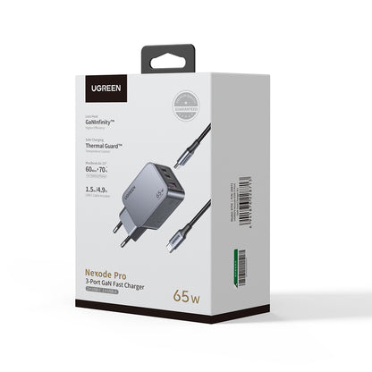 Punjač za mrežu s USB-C kabelom UGREEN X755 Nexode Pro, 65W, 3A, 1 x USB-A - 2 x USB-C, Sivi