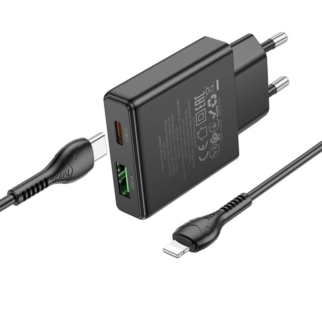 Punjač za mrežu s Lightning kabelom HOCO N38, 20W, 3A, 1 x USB-A - 1 x USB-C, Crni