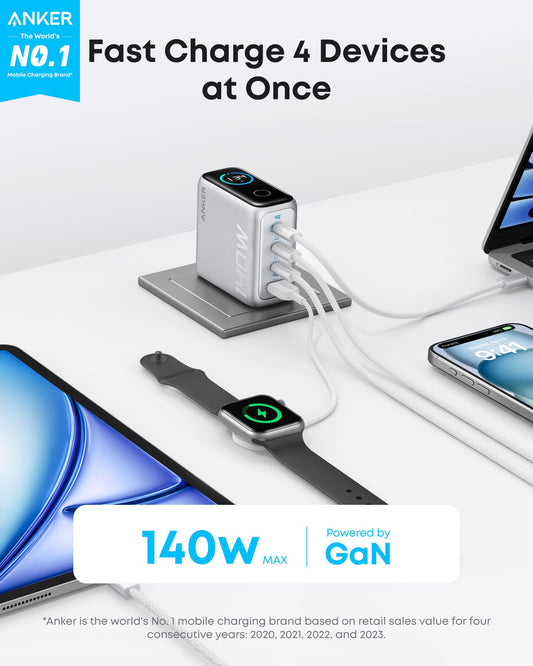 Punjač za mrežu s USB-C kabelom Anker Zolo, 140W, 5A, 1 x USB-A - 3 x USB-C, Srebrni B2697G41