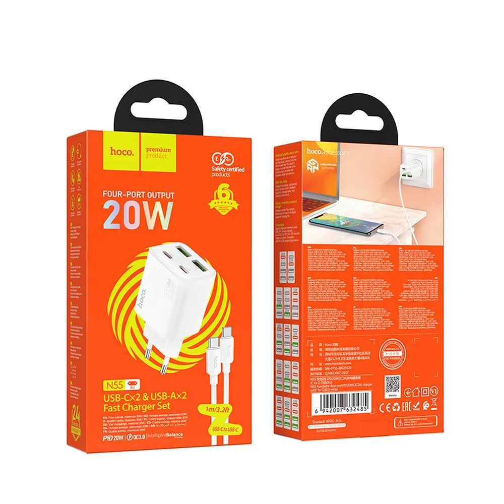 Punjač za mrežu s USB-C kabelom HOCO N55, 20W, 3A, 2 x USB-A - 2 x USB-C, Bijeli