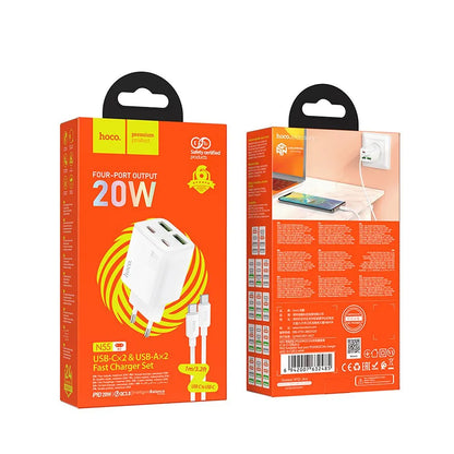 Punjač za mrežu s USB-C kabelom HOCO N55, 20W, 3A, 2 x USB-A - 2 x USB-C, Bijeli