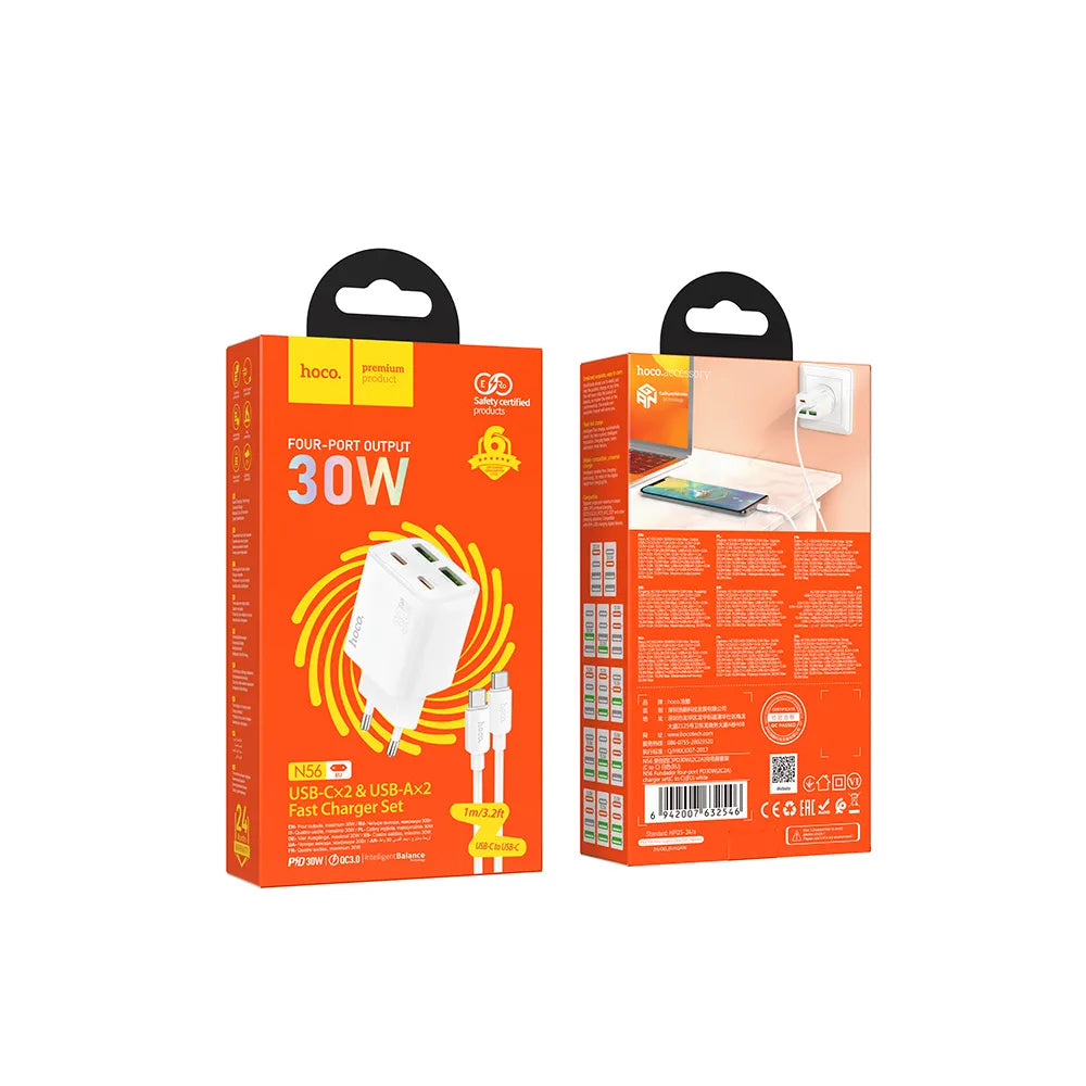 Punjač za mrežu s USB-C kabelom HOCO N56, 30W, 3A, 2 x USB-A - 2 x USB-C, Bijeli