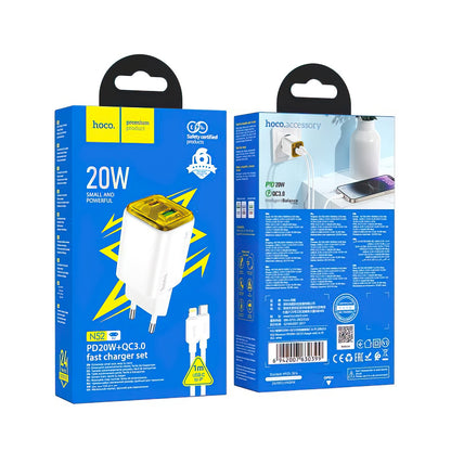 Punjač za mrežu s Lightning kabelom HOCO N52, 20W, 3A, 1 x USB-A - 1 x USB-C, Bijeli