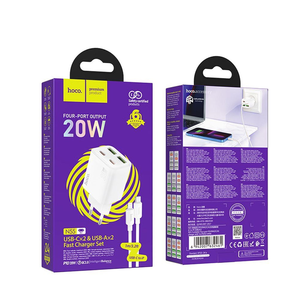 Punjač za mrežu s Lightning kabelom HOCO N55, 20W, 3A, 2 x USB-A - 2 x USB-C, Bijeli