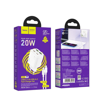 Punjač za mrežu s Lightning kabelom HOCO N55, 20W, 3A, 2 x USB-A - 2 x USB-C, Bijeli