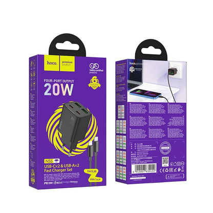 Punjač za mrežu s Lightning kabelom HOCO N55, 20W, 3A, 2 x USB-A - 2 x USB-C, Crni