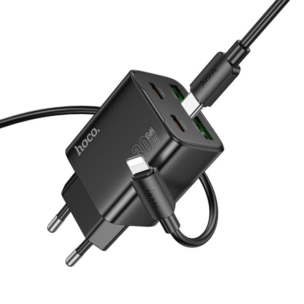 Mrežni punjač s Lightning kabelom HOCO N56, 30W, 3A, 2 x USB-A - 2 x USB-C, Crni