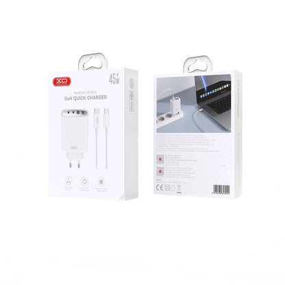 Mrežni punjač s USB-C kabelom XO Design CE22, 45W, 3A, 2 x USB-A - 2 x USB-C, Bijeli