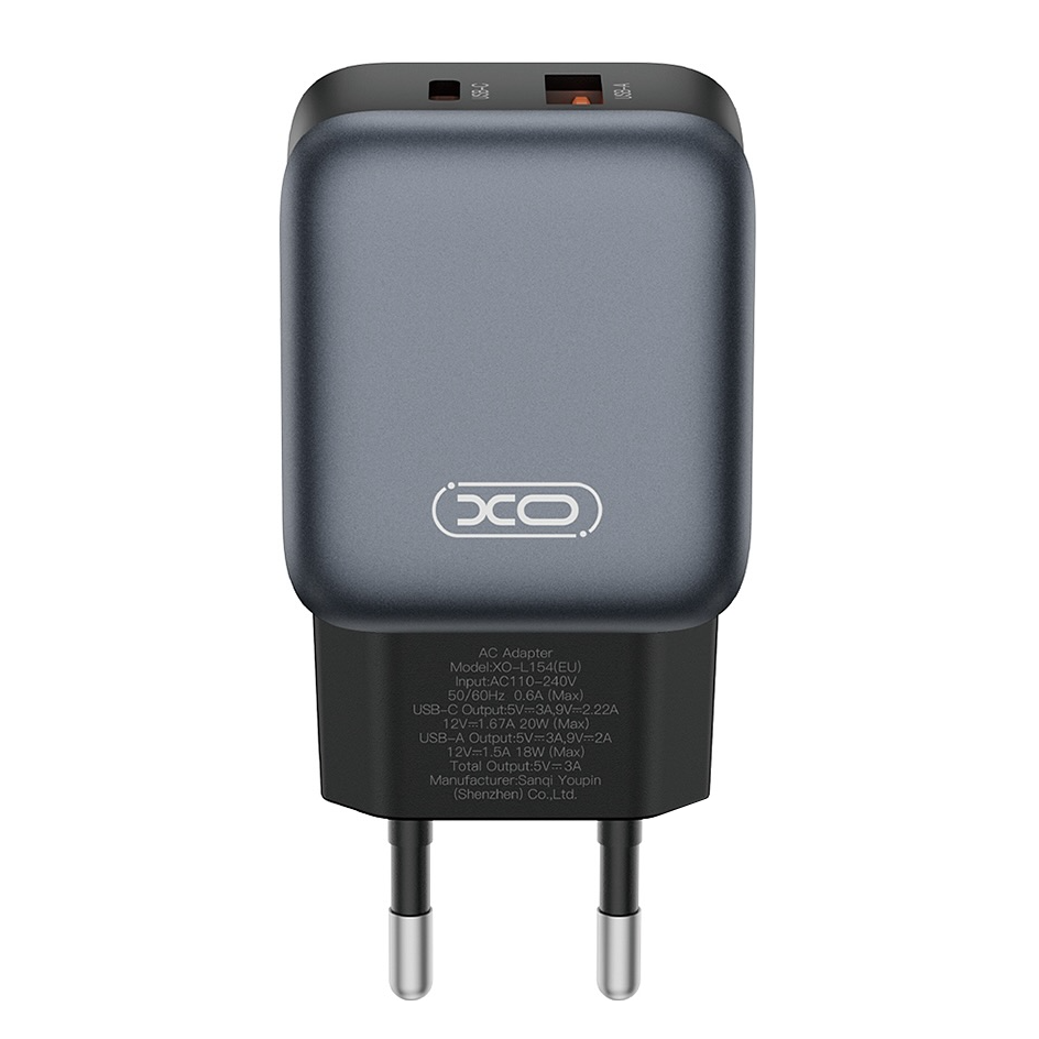 Punjač za mrežu s Lightning kabelom XO Design L154, 20W, 3A, 1 x USB-A - 1 x USB-C, Crni