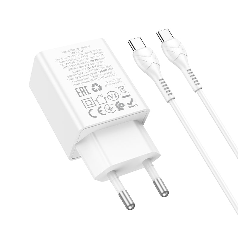Punjač za mrežu s USB-C kabelom HOCO N71, 30W, 3A, 1 x USB-A - 1 x USB-C, Bijeli