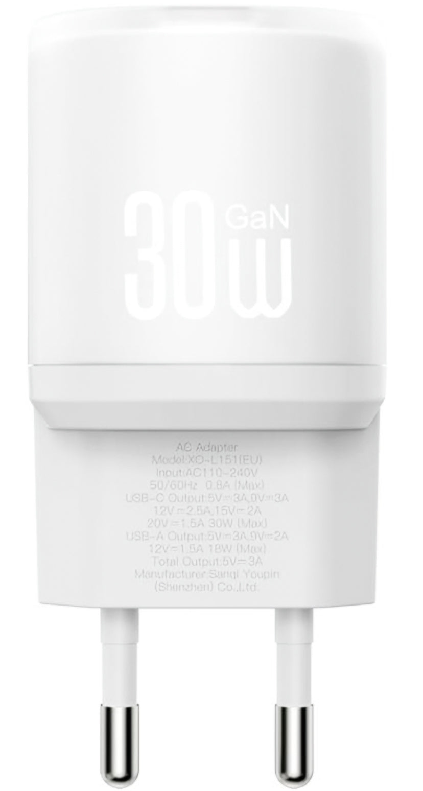 Punjač za mrežu s USB-C kabelom XO Design L151, 30W, 3A, 1 x USB-A - 1 x USB-C, Bijeli