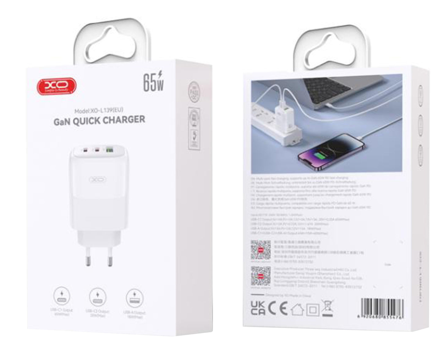 Punjač za mrežu s USB-C kabelom XO Design L139, 65W, 4.5A, 1 x USB-A - 2 x USB-C, Bijeli