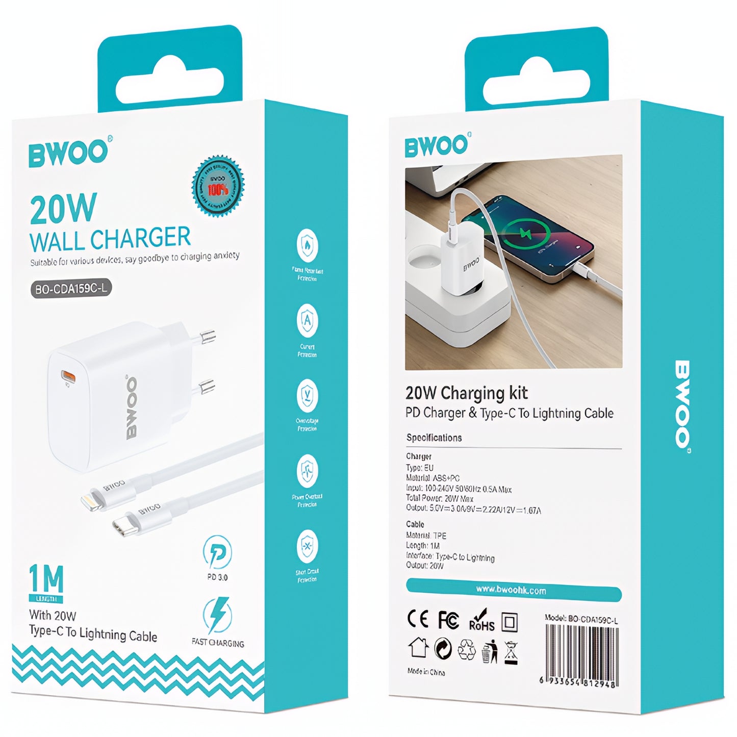 Mrežni punjač s Lightning kabelom BWOO CDA159, 20W, 3A, 1 x USB-C, Bijeli