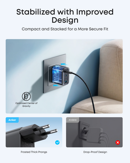 Punjač mreže s USB-C kabelom Anker Nano, 70W, 3.5A, 1 x USB-A - 2 x USB-C, Sivi B121A311