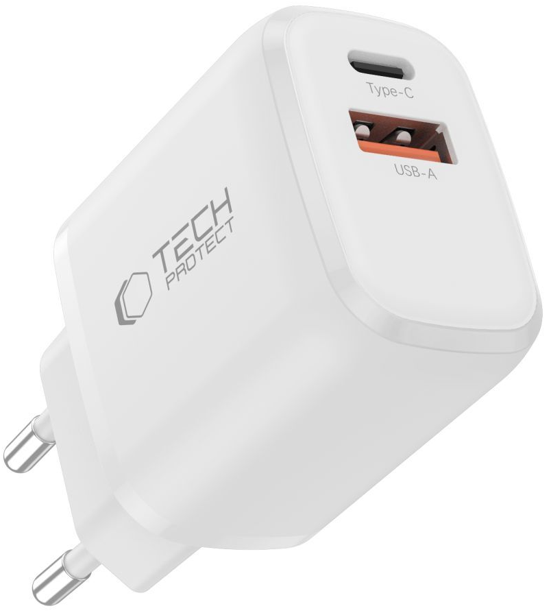 Punjač za mrežu s USB-C kabelom Tech-Protect NCA20, 20W, 3A, 1 x USB-A - 1 x USB-C, Bijela