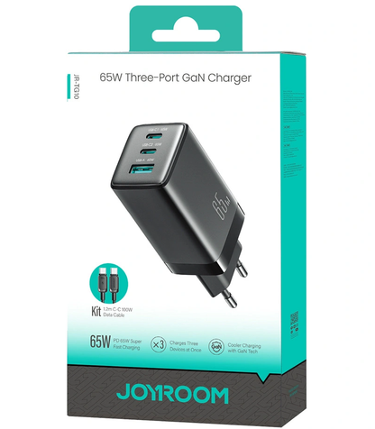 Punjač za mrežu s USB-C kabelom Joyroom JR-TG10, 65W, 3.25A, 1 x USB-A - 2 x USB-C, Crna
