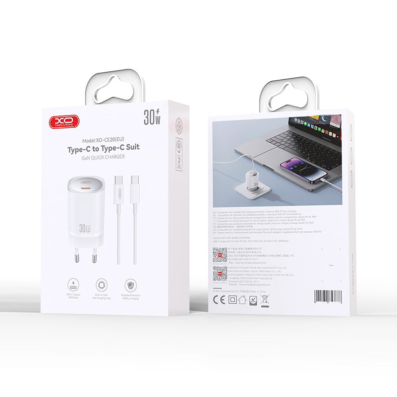 Punjač za mrežu s USB-C kabelom XO Design CE20, 30W, 3A, 1 x USB-C, Bijeli