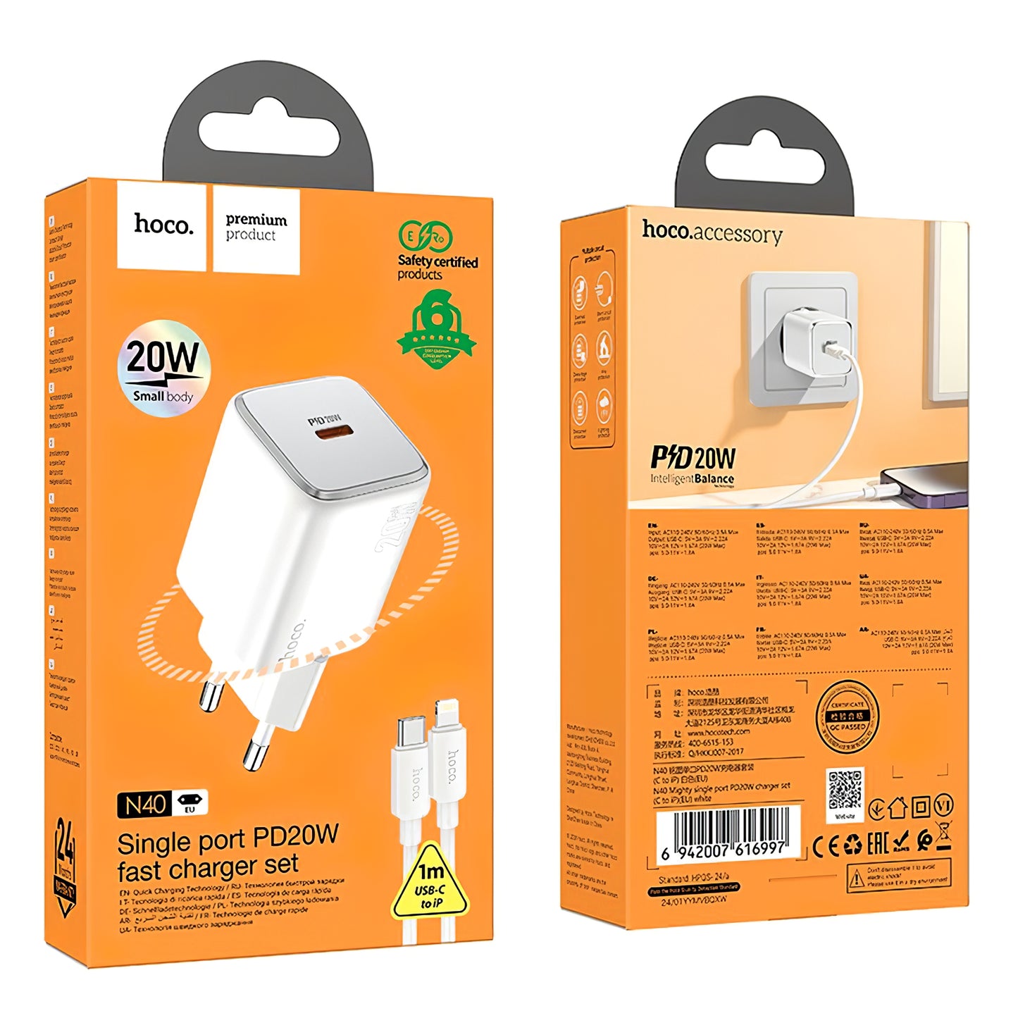 Punjač za mrežu s Lightning kabelom HOCO N40, 20W, 3A, 1 x USB-C, Bijeli