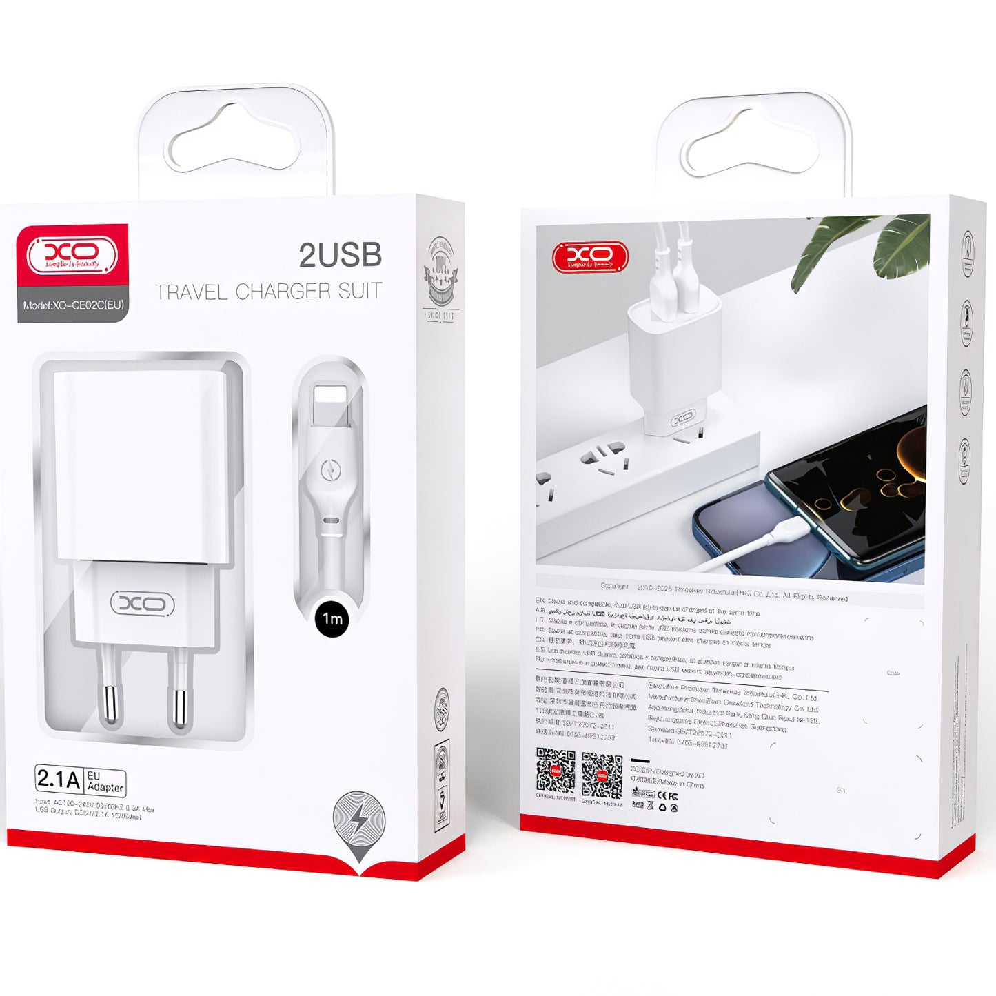 Punjač za mrežu s mikroUSB kabelom XO Design CE02C, 10.5W, 2.1A, 2 x USB-A, Bijeli