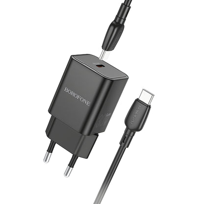 Punjač za mrežu s USB-C kabelom Borofone BN13 Safety, 30W, 3A, 1 x USB-C, crni