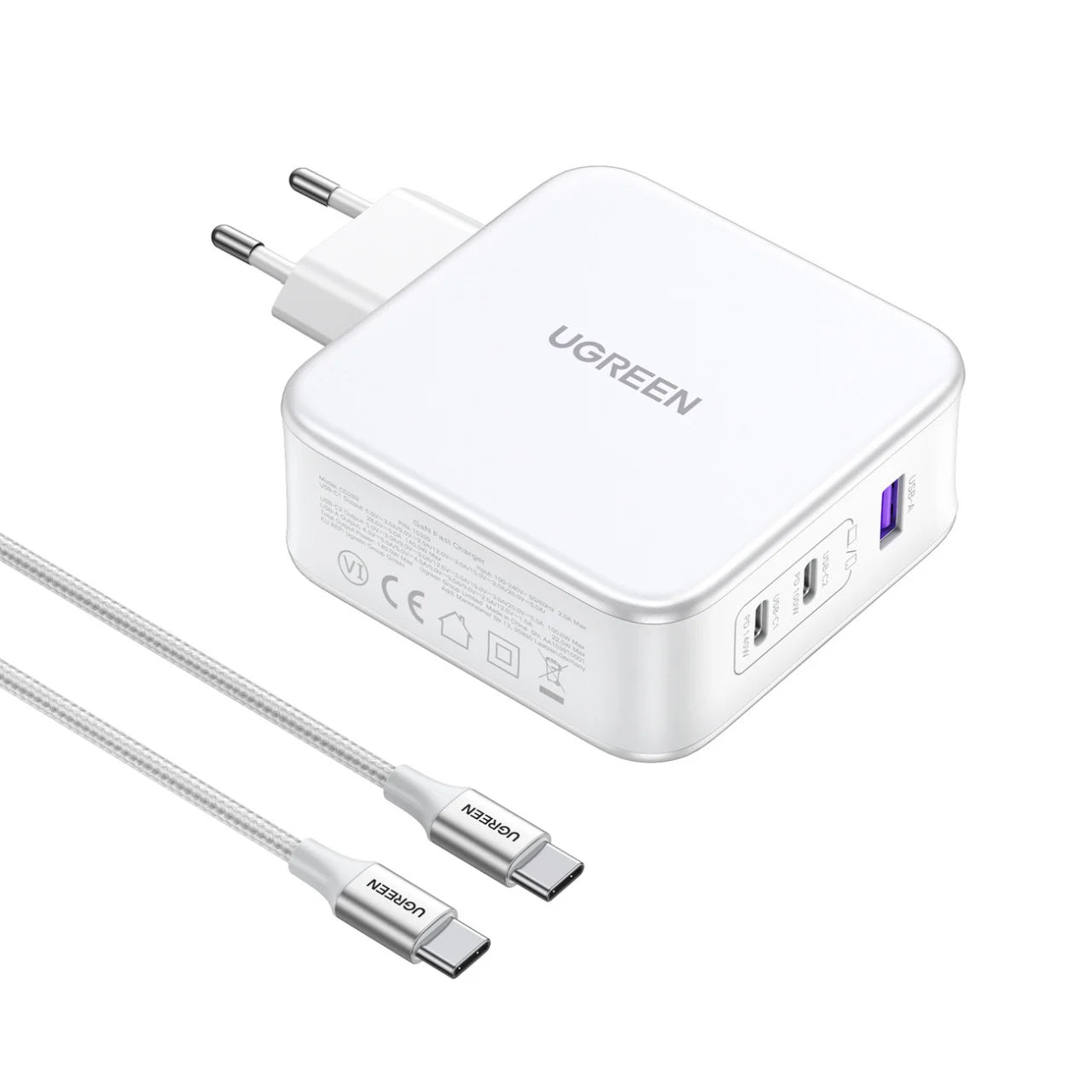 Punjač za mrežu s USB-C kabelom UGREEN CD289, 140W, 5A, 1 x USB-A - 2 x USB-C, Bijeli