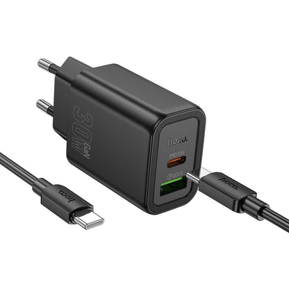 Punjač za mrežu s USB-C kabelom HOCO N63, 30W, 3A, 1 x USB-A - 1 x USB-C, Crni