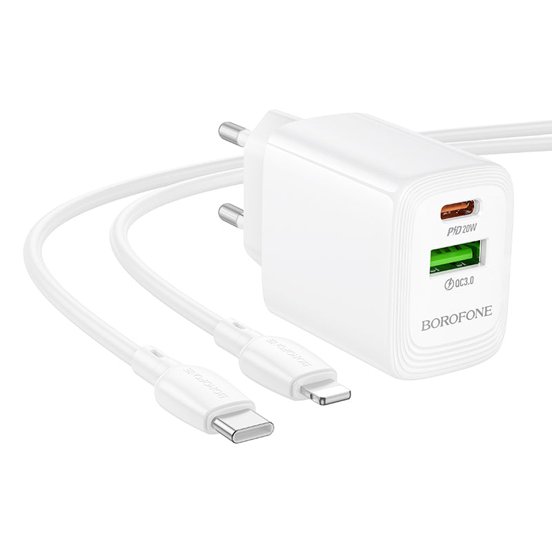 Punjač mreže s Lightning kabelom Borofone BN27 Fuente, 20W, 3A, 1 x USB-A - 1 x USB-C, Bijeli