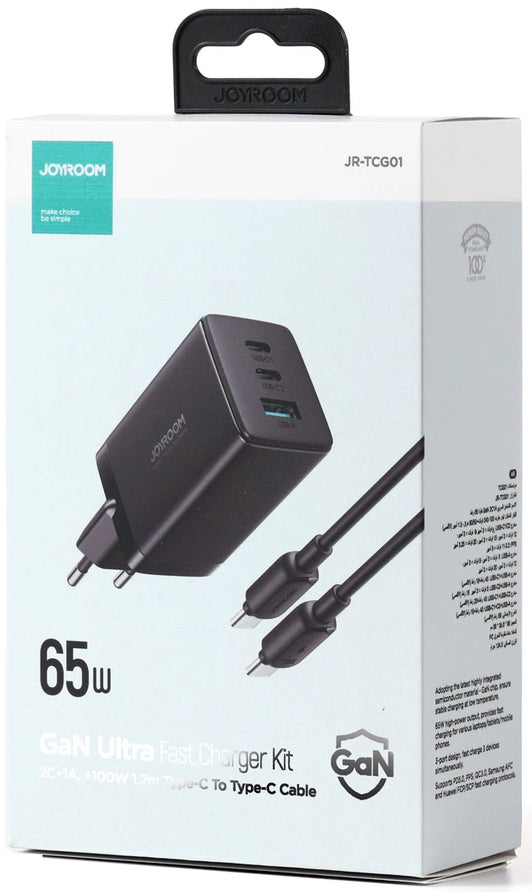 Punjač za mrežu s USB-C kabelom Joyroom TCG01, 65W, 3.25A, 1 x USB-A - 2 x USB-C, Crni