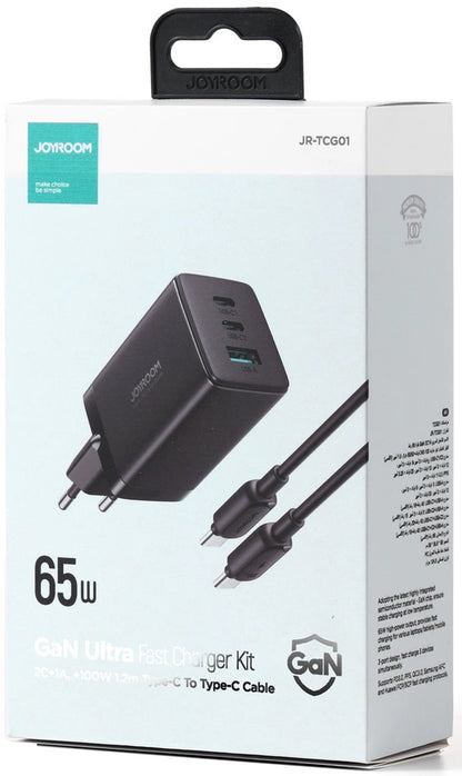 Punjač za mrežu s USB-C kabelom Joyroom TCG01, 65W, 3.25A, 1 x USB-A - 2 x USB-C, Crni