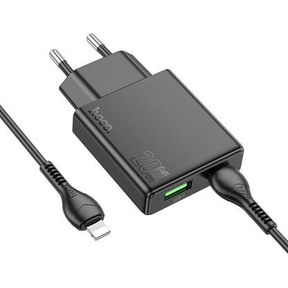 Punjač za mrežu s Lightning kabelom HOCO N38, 20W, 3A, 1 x USB-A - 1 x USB-C, Crni
