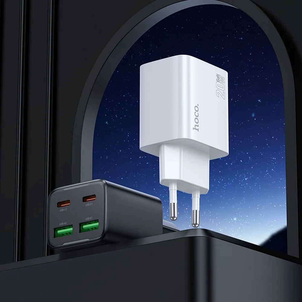Punjač za mrežu s USB-C kabelom HOCO N55, 20W, 3A, 2 x USB-A - 2 x USB-C, Bijeli