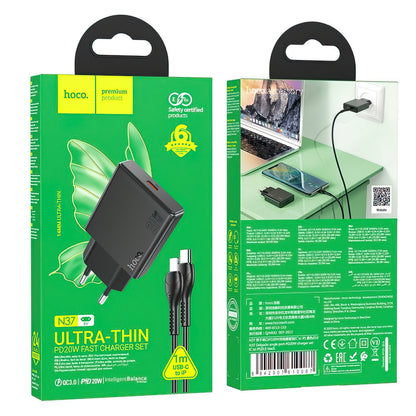 Punjač za mrežu s Lightning kabelom HOCO N37, 30W, 3A, 1 x USB-C, Crni