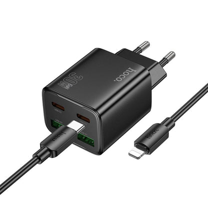 Mrežni punjač s Lightning kabelom HOCO N56, 30W, 3A, 2 x USB-A - 2 x USB-C, Crni