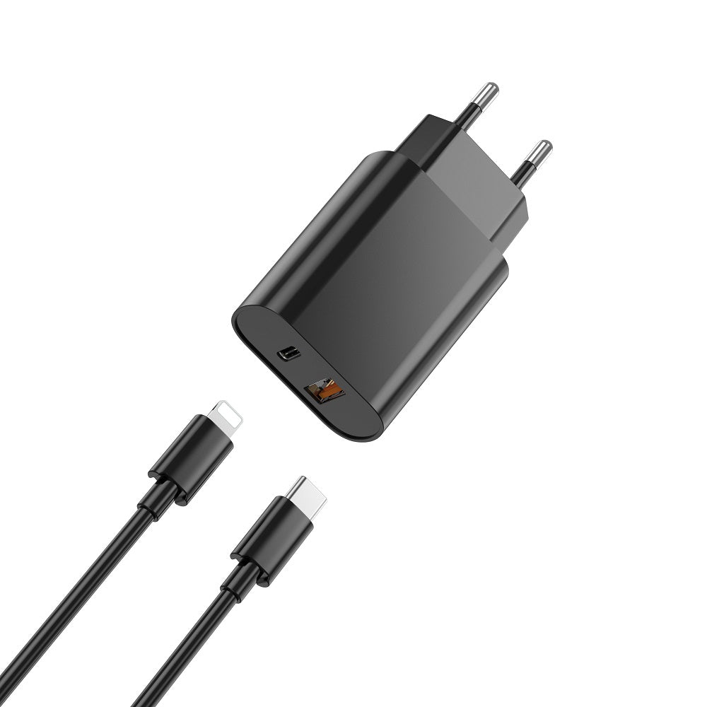 Punjač za mrežu s Lightning kabelom WiWu Wi-U002, 20W, 3A, 1 x USB-A - 1 x USB-C, Crni