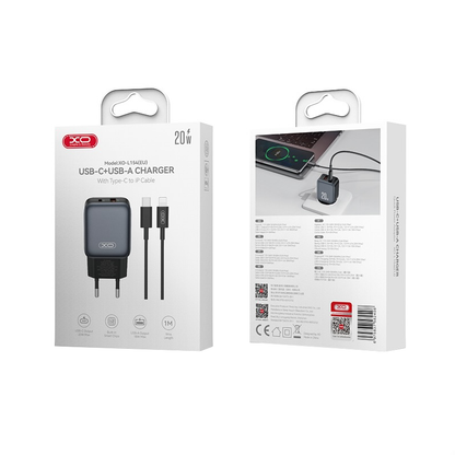 Punjač za mrežu s Lightning kabelom XO Design L154, 20W, 3A, 1 x USB-A - 1 x USB-C, Crni