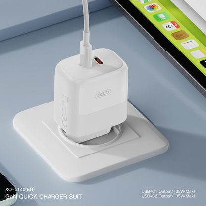 Punjač za mrežu s Lightning kabelom XO Design L140, 35W, 3A, 2 x USB-C, Bijeli
