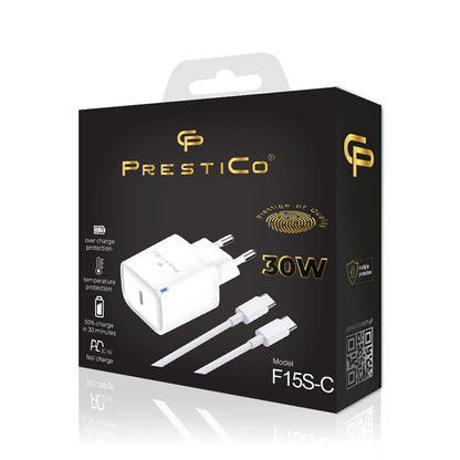 Mrežni punjač s USB-C kabelom Prestico F15S-C, 30W, 3A, 1 x USB-C, Bijeli