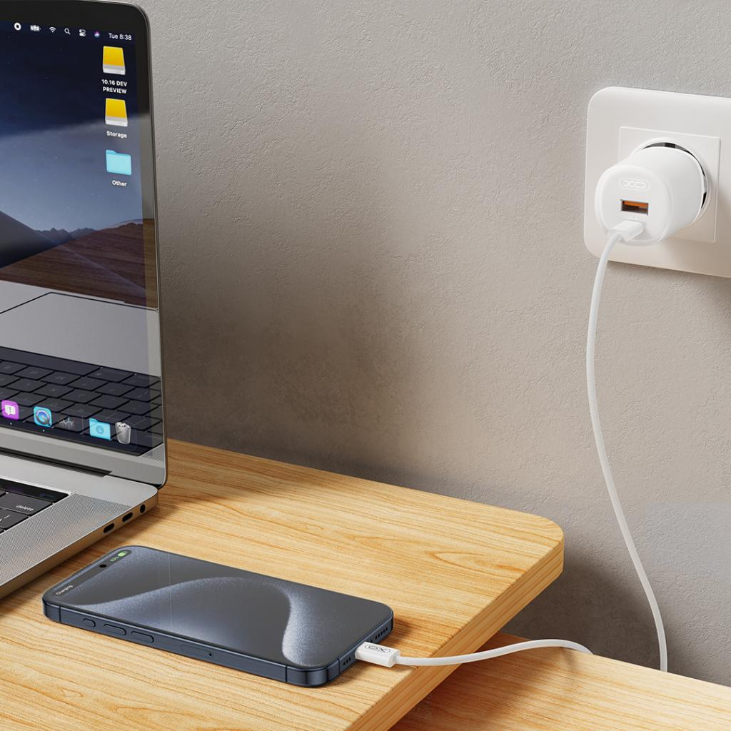 Punjač za mrežu s USB-C kabelom XO Design L151, 30W, 3A, 1 x USB-A - 1 x USB-C, Bijeli