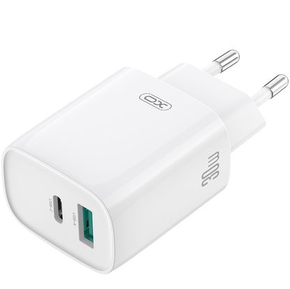 Punjač za mrežu s USB-C kabelom XO Design CE30, 30W, 3A, 1 x USB-A - 1 x USB-C, Bijeli